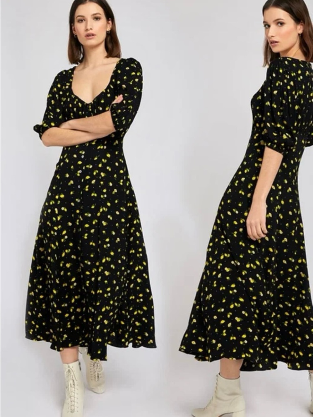 Ghost London Black Lemon Print Button Front 90’s Inspired Midi Dress
